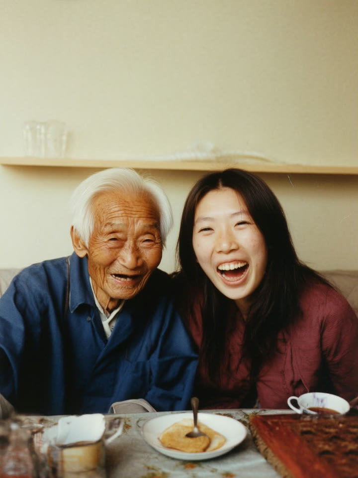 Close-up vertical portrait of a frail elderly Korean man in his late eighties with white hair and his daughter, a young woman in her early thirties with long…