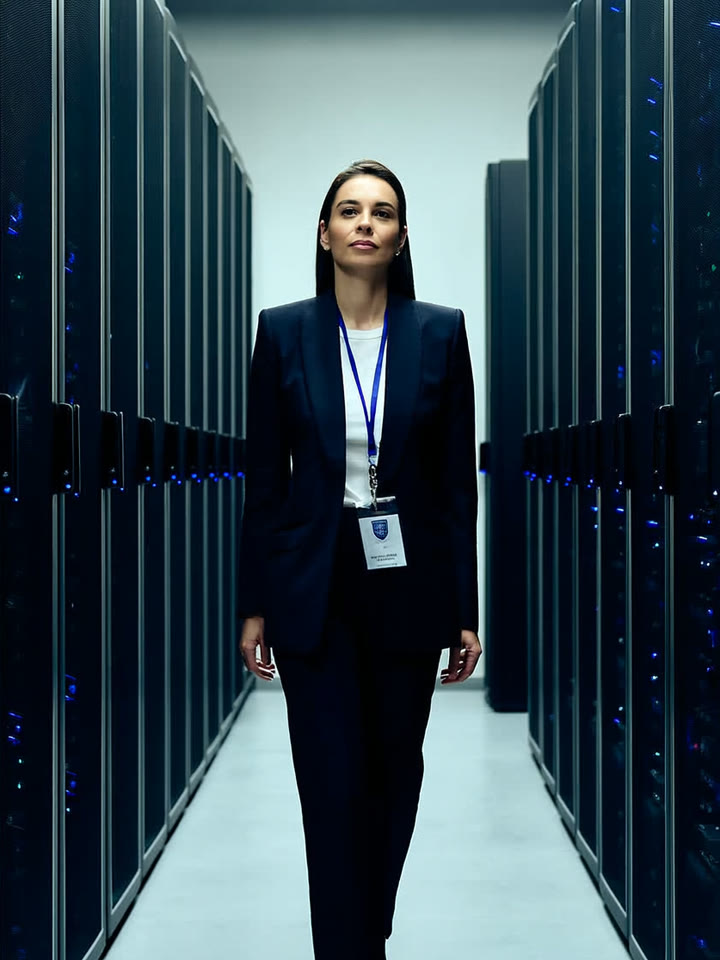 Cinematic vertical photo of an attractive, confident woman in her thirties in a sharp dark suit with a security badge on a lanyard, walking with purpose down…