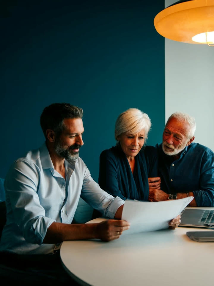 Candid vertical photo of a warm, approachable estate lawyer in his forties in an open-collar shirt with rolled sleeves, sitting beside an attractive, elegant…