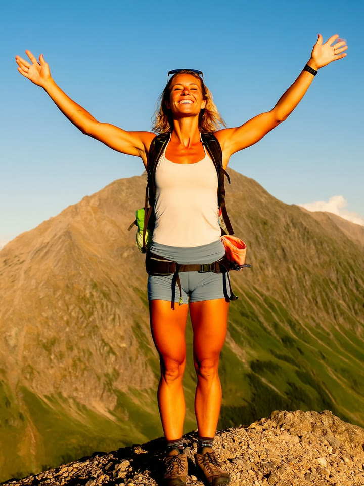 An attractive, fit woman in her late twenties wearing a light tank top and hiking shorts with a small daypack, standing on a sunny mountain summit on a hot s…